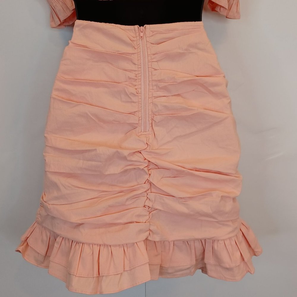 Privy WMN'S Sz L Ruched Smock 2 Piece Skirt Set Crop Puff Sleeve Ruffle Stretch - Picture 11 of 12